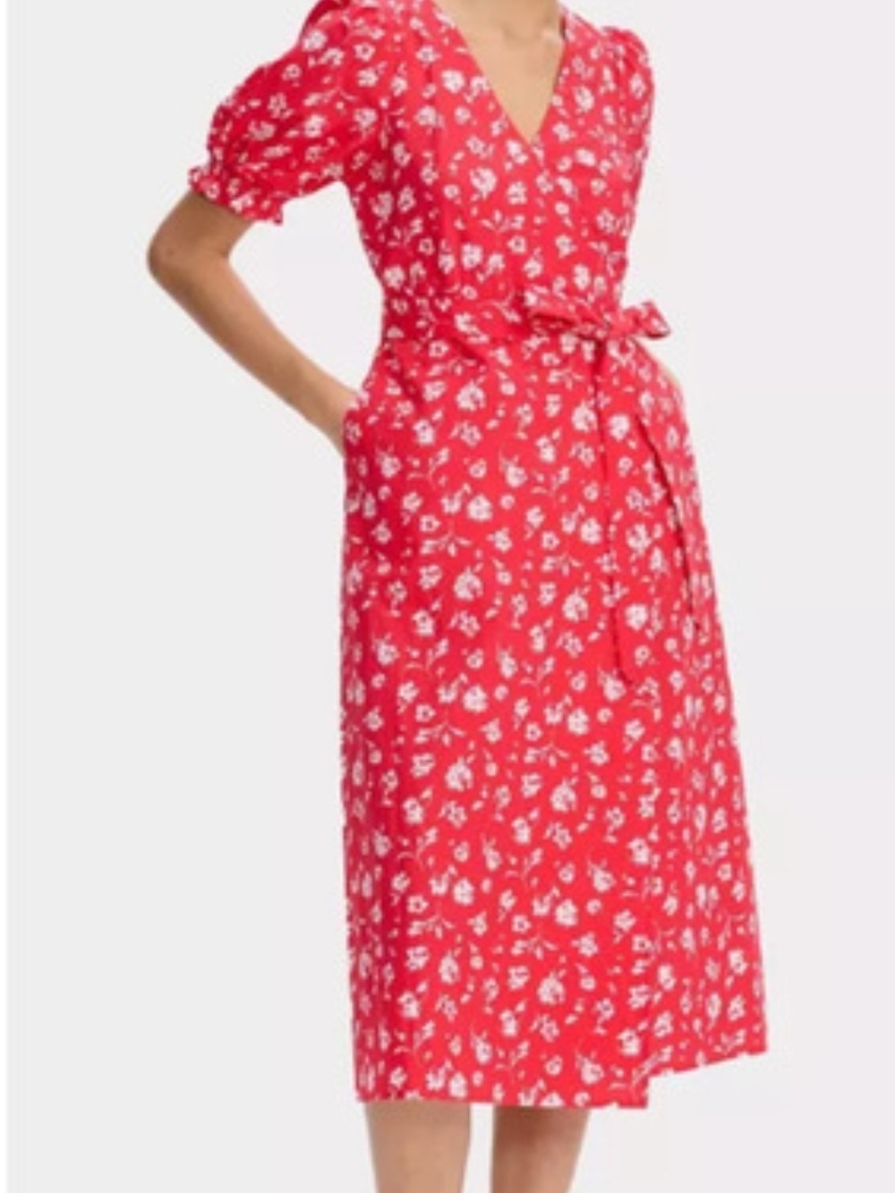 NWT Universal Thread Red Wrap Vneck Dress White Florals Large Short Puff Sleeves